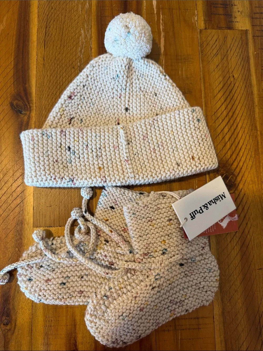 NWT Misha & Puff Cream Speckled Knit Baby Hat and Booties Set **price is firm**